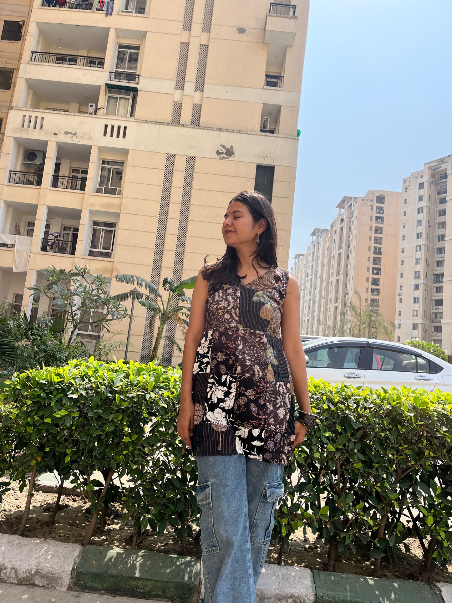 Patchwork Sleeveless Straight Short Kurti