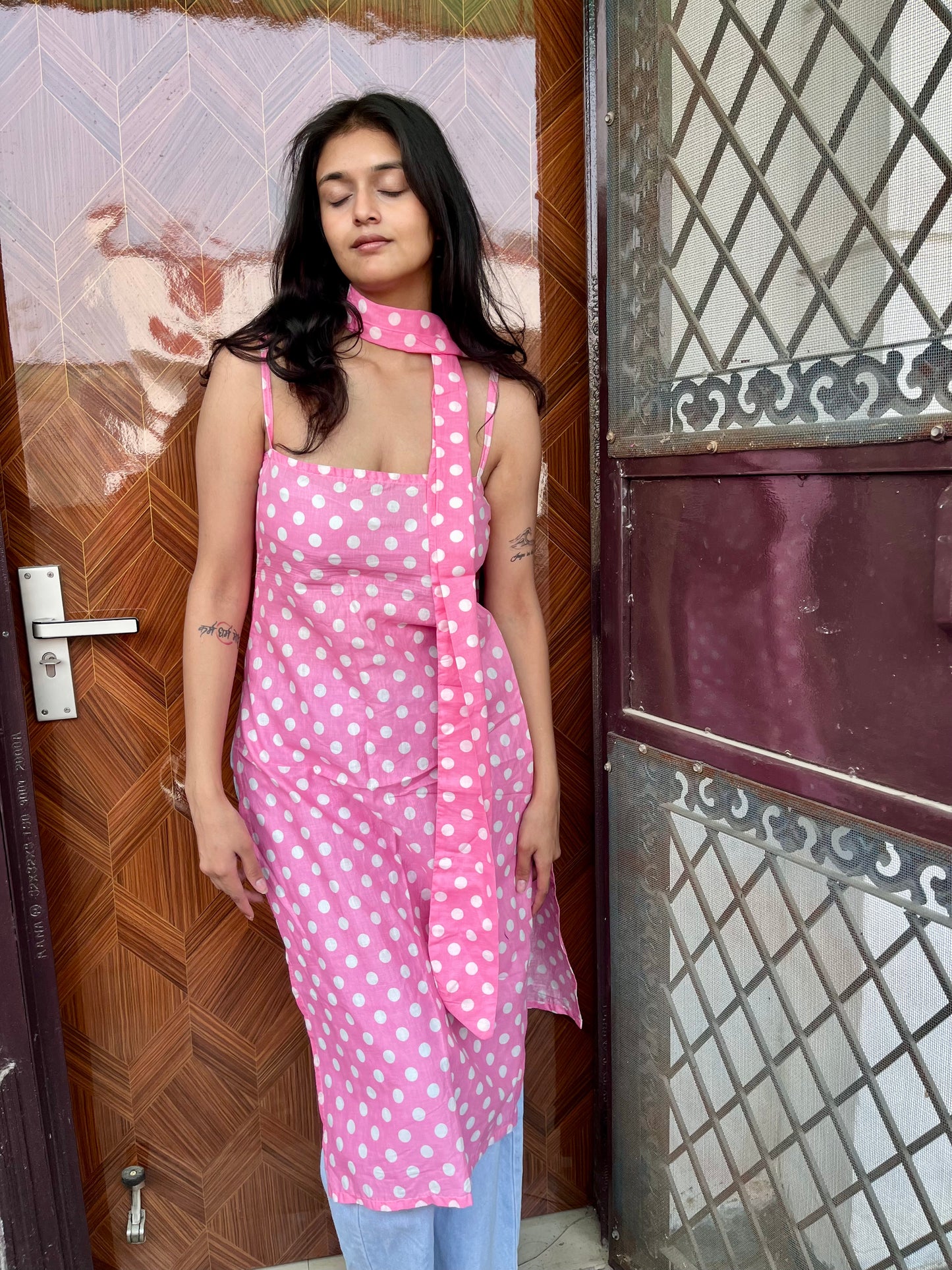 Pink Dot Affair Long Kurti ( with neck belt )