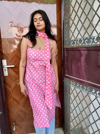 Pink Dot Affair Long Kurti ( with neck belt )