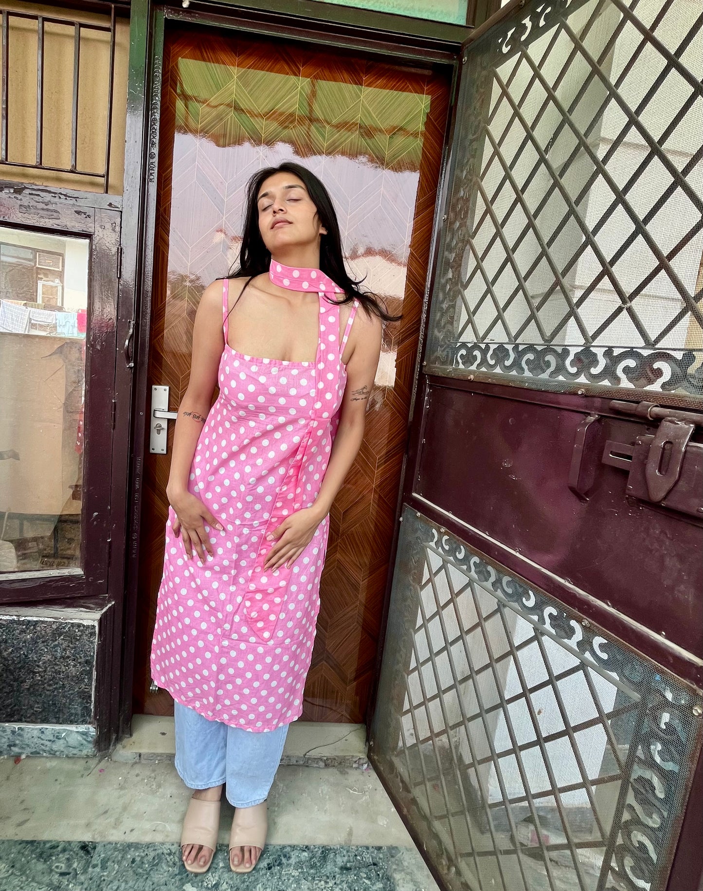 Pink Dot Affair Long Kurti ( with neck belt )