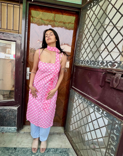 Pink Dot Affair Long Kurti ( with neck belt )