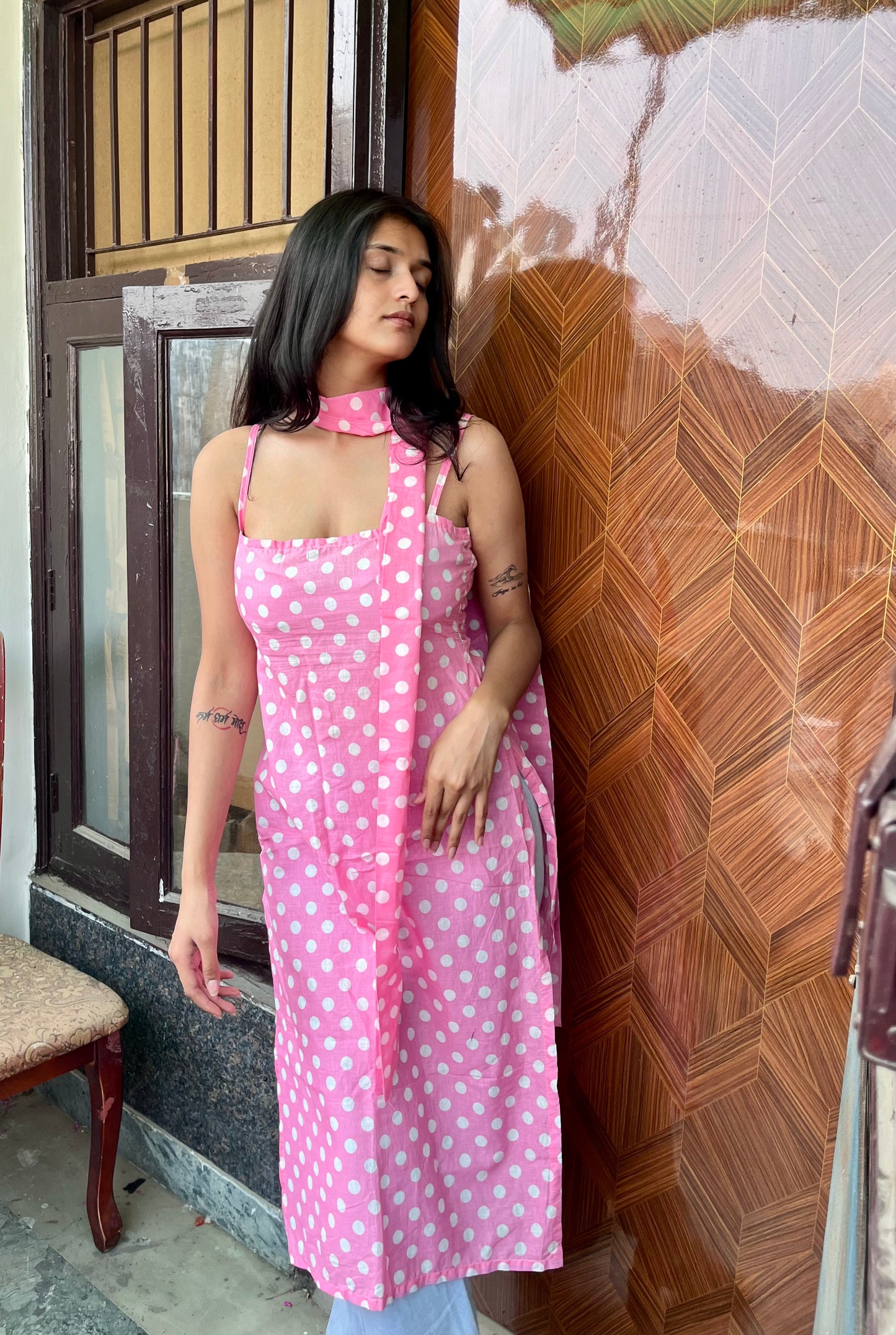 Pink Dot Affair Long Kurti ( with neck belt )