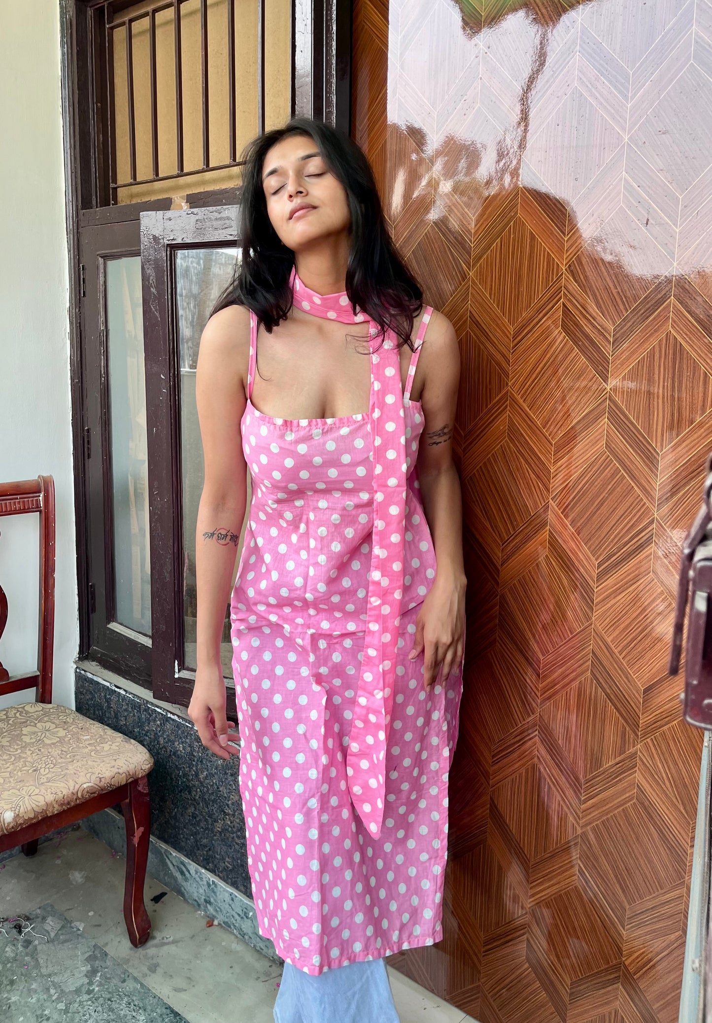 Pink Dot Affair Long Kurti ( with neck belt )