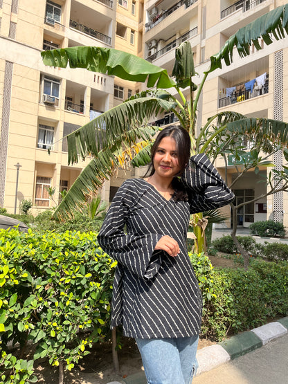 Black Lehriya Backless Straight Short Kurti