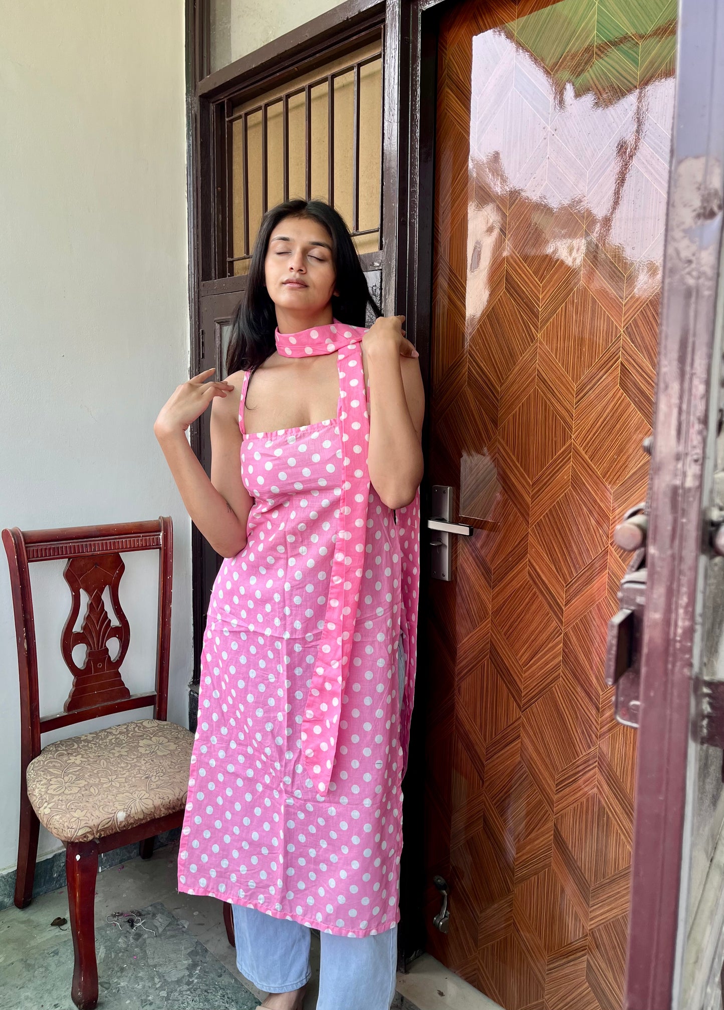 Pink Dot Affair Long Kurti ( with neck belt )