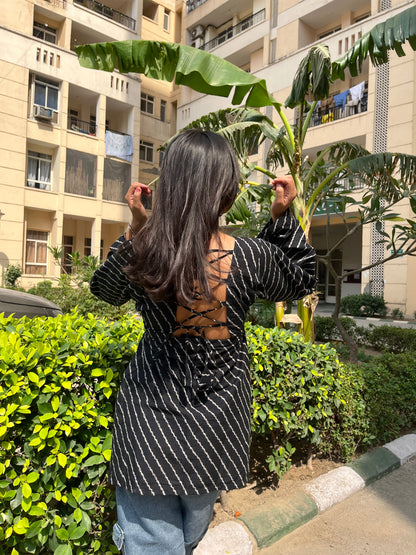 Black Lehriya Backless Straight Short Kurti