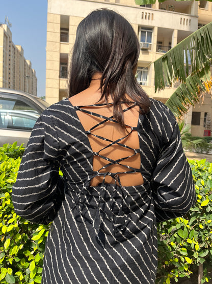 Black Lehriya Backless Straight Short Kurti
