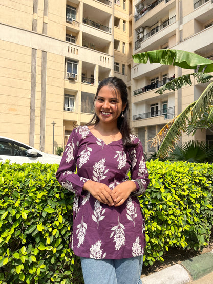 Purple Leaf Straight Short Kurti