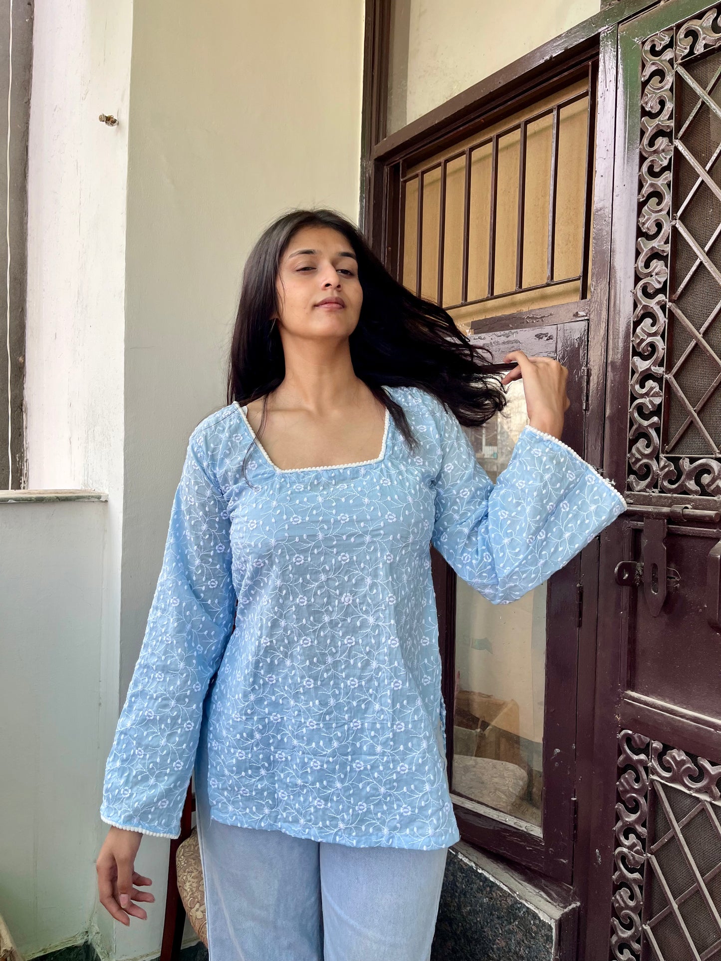 Ice Mist Embroidered Straight Short Kurti