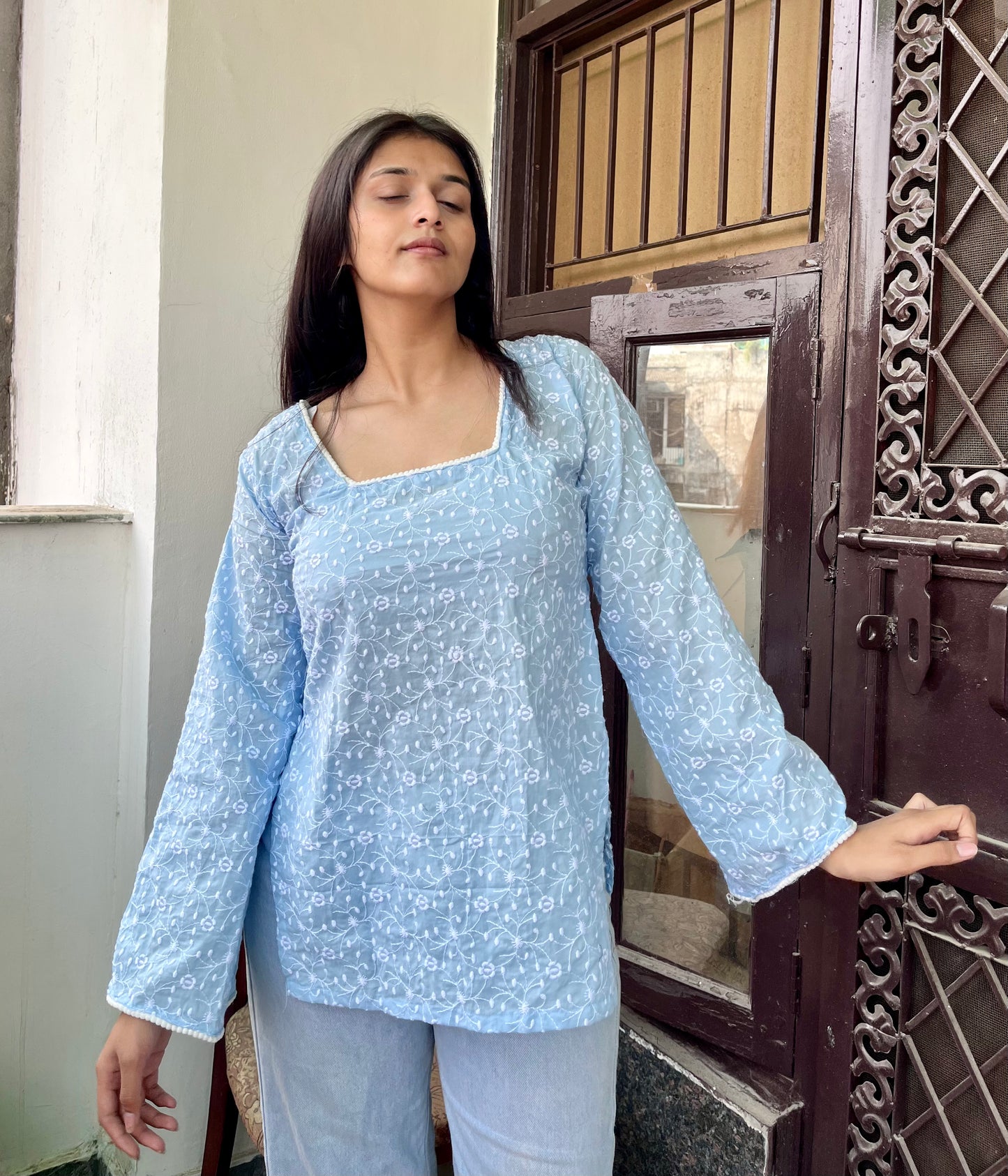 Ice Mist Embroidered Straight Short Kurti