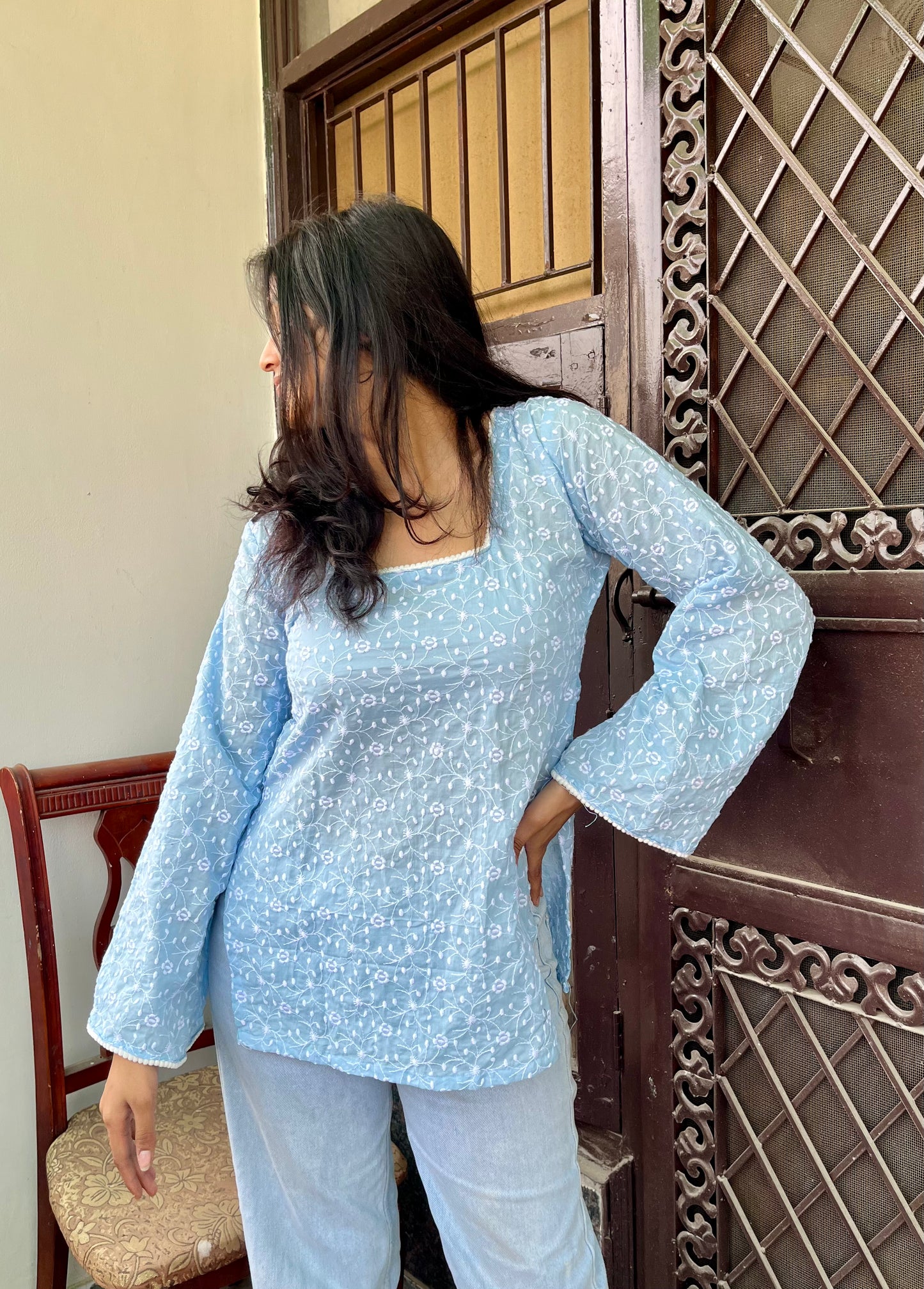 Ice Mist Embroidered Straight Short Kurti