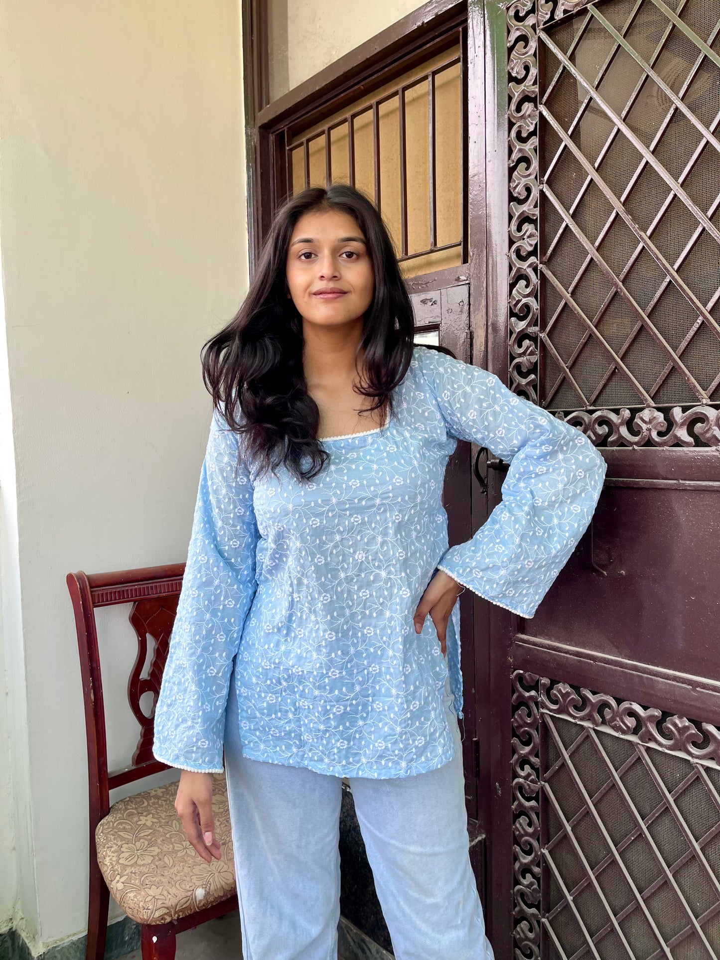 Ice Mist Embroidered Straight Short Kurti