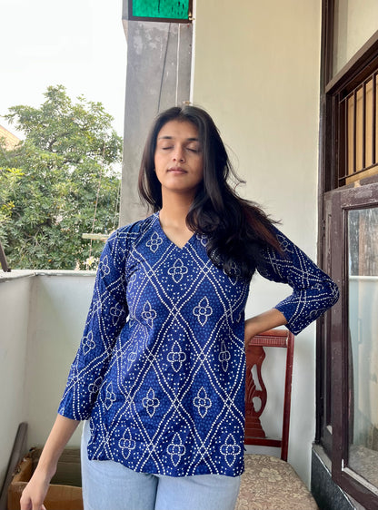 Blue Bhandej Backless Short Kurti