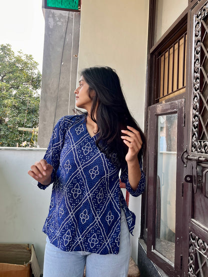 Blue Bhandej Backless Short Kurti