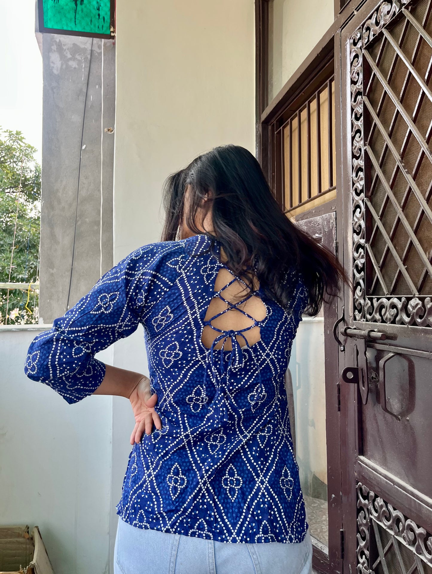 Blue Bhandej Backless Short Kurti
