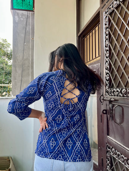 Blue Bhandej Backless Short Kurti