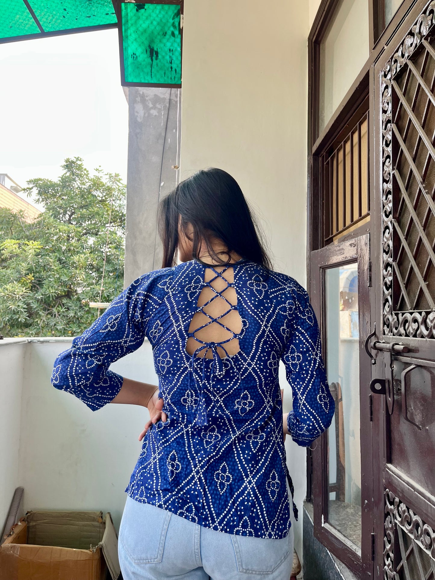 Blue Bhandej Backless Short Kurti