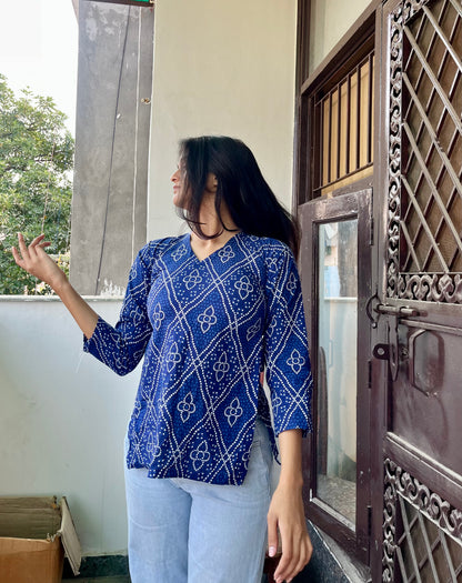 Blue Bhandej Backless Short Kurti