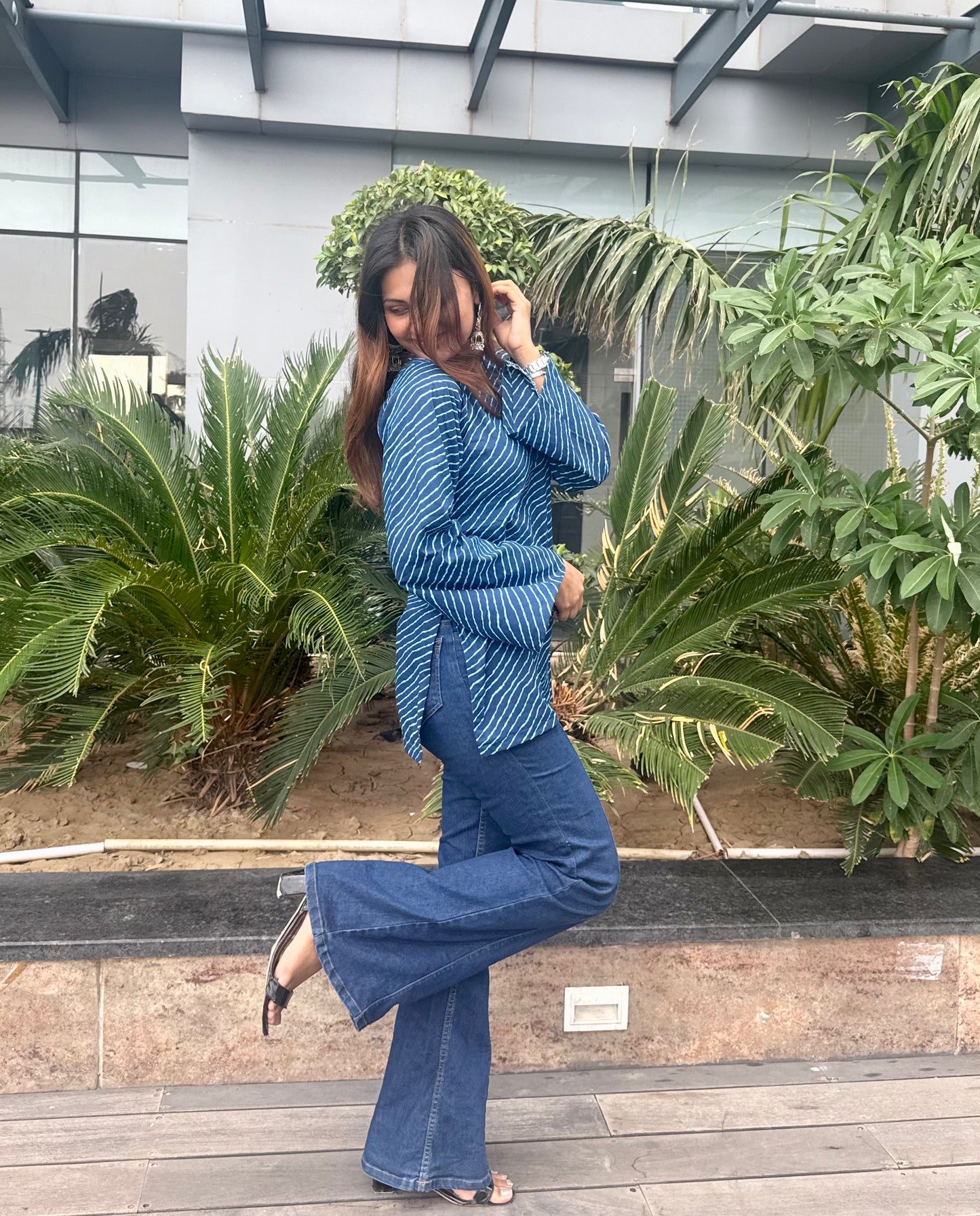 Blue Lehriya Backless Short Kurti