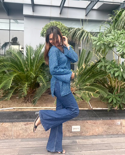 Blue Lehriya Backless Short Kurti