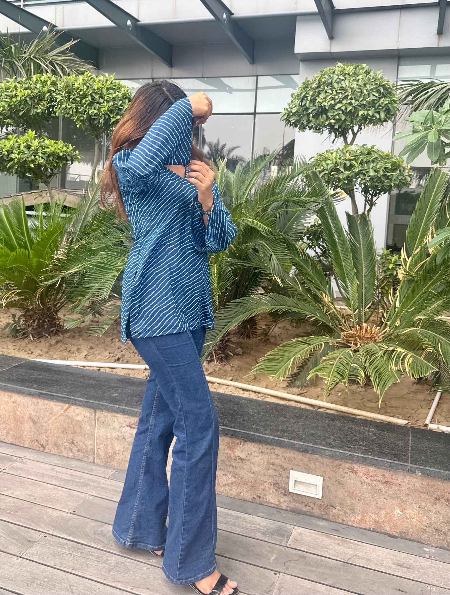 Blue Lehriya Backless Short Kurti