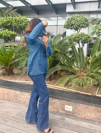 Blue Lehriya Backless Short Kurti