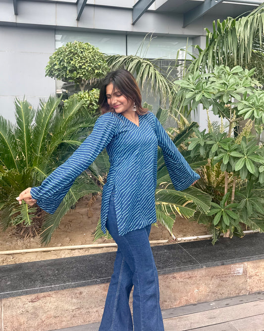 Blue Lehriya Backless Short Kurti