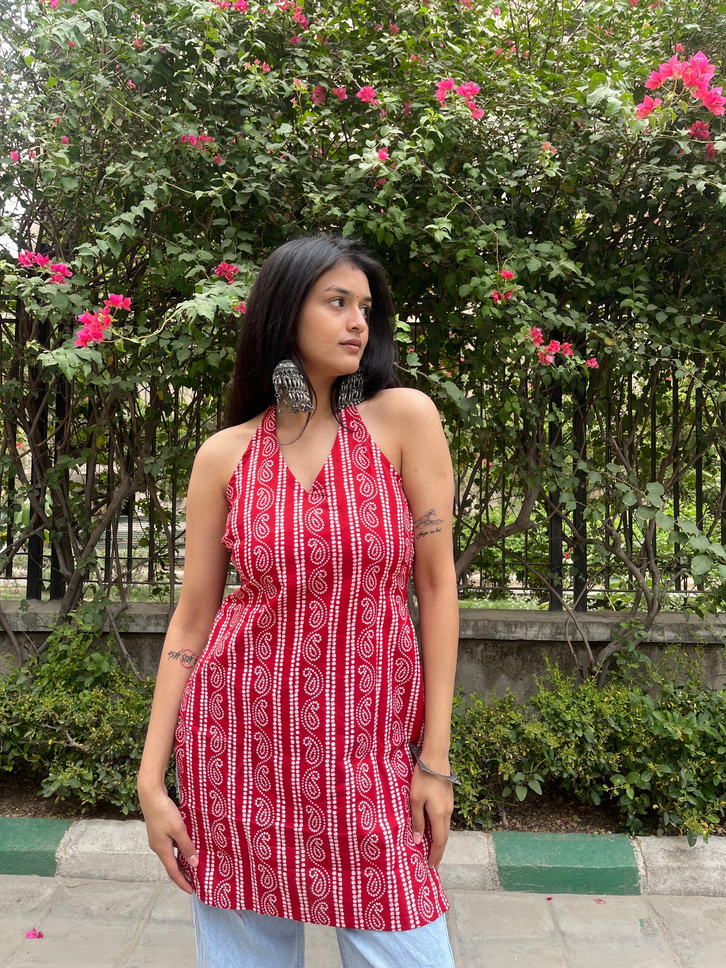 Red Kaya Halter Neck Backless Short Kurti