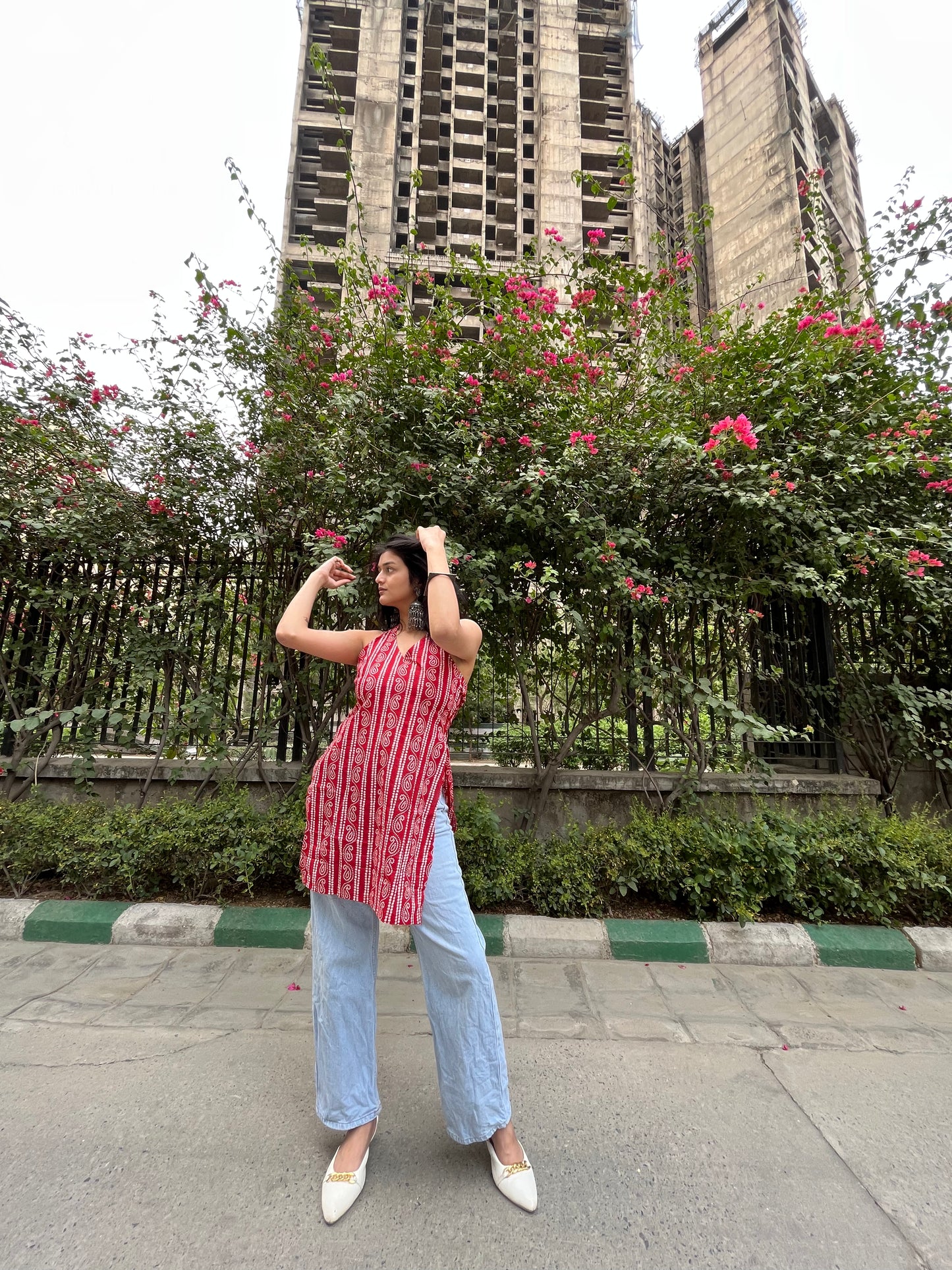 Red Kaya Halter Neck Backless Short Kurti