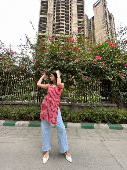 Red Kaya Halter Neck Backless Short Kurti
