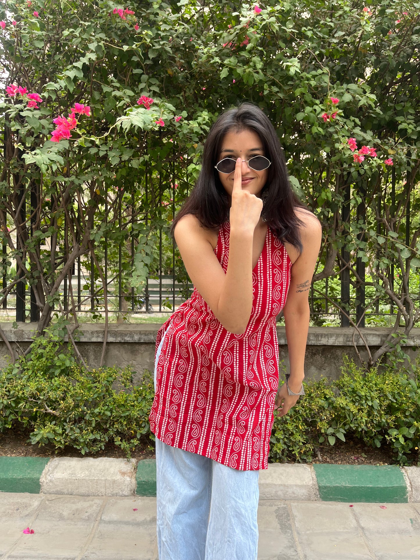 Red Kaya Halter Neck Backless Short Kurti