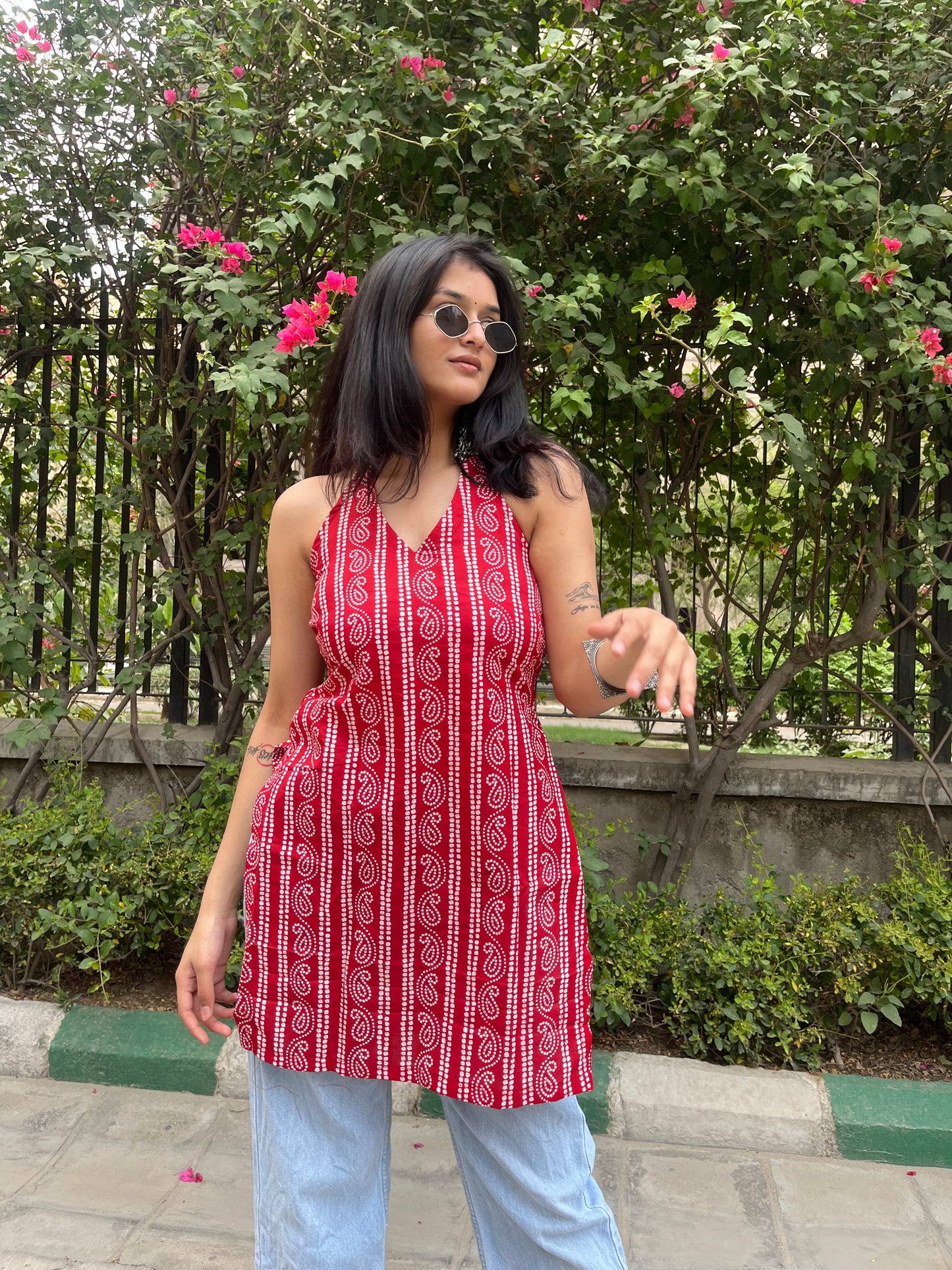 Red Kaya Halter Neck Backless Short Kurti