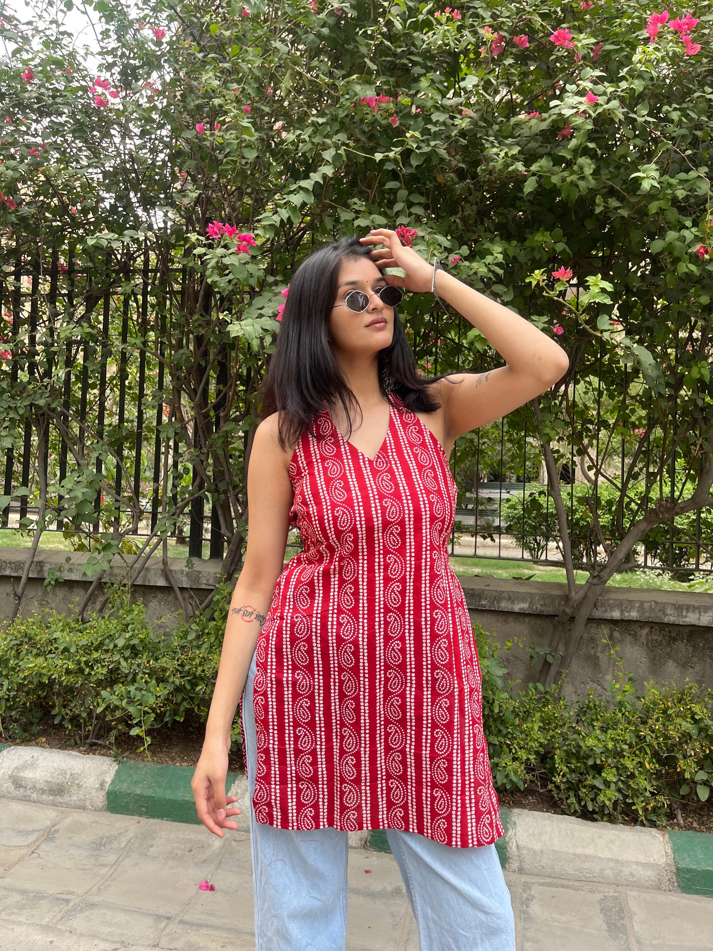 Red Kaya Halter Neck Backless Short Kurti