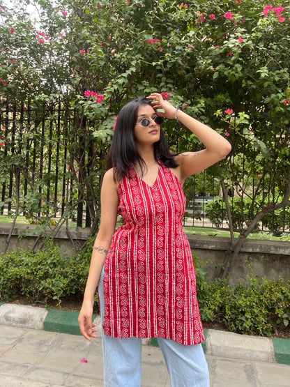 Red Kaya Halter Neck Backless Short Kurti