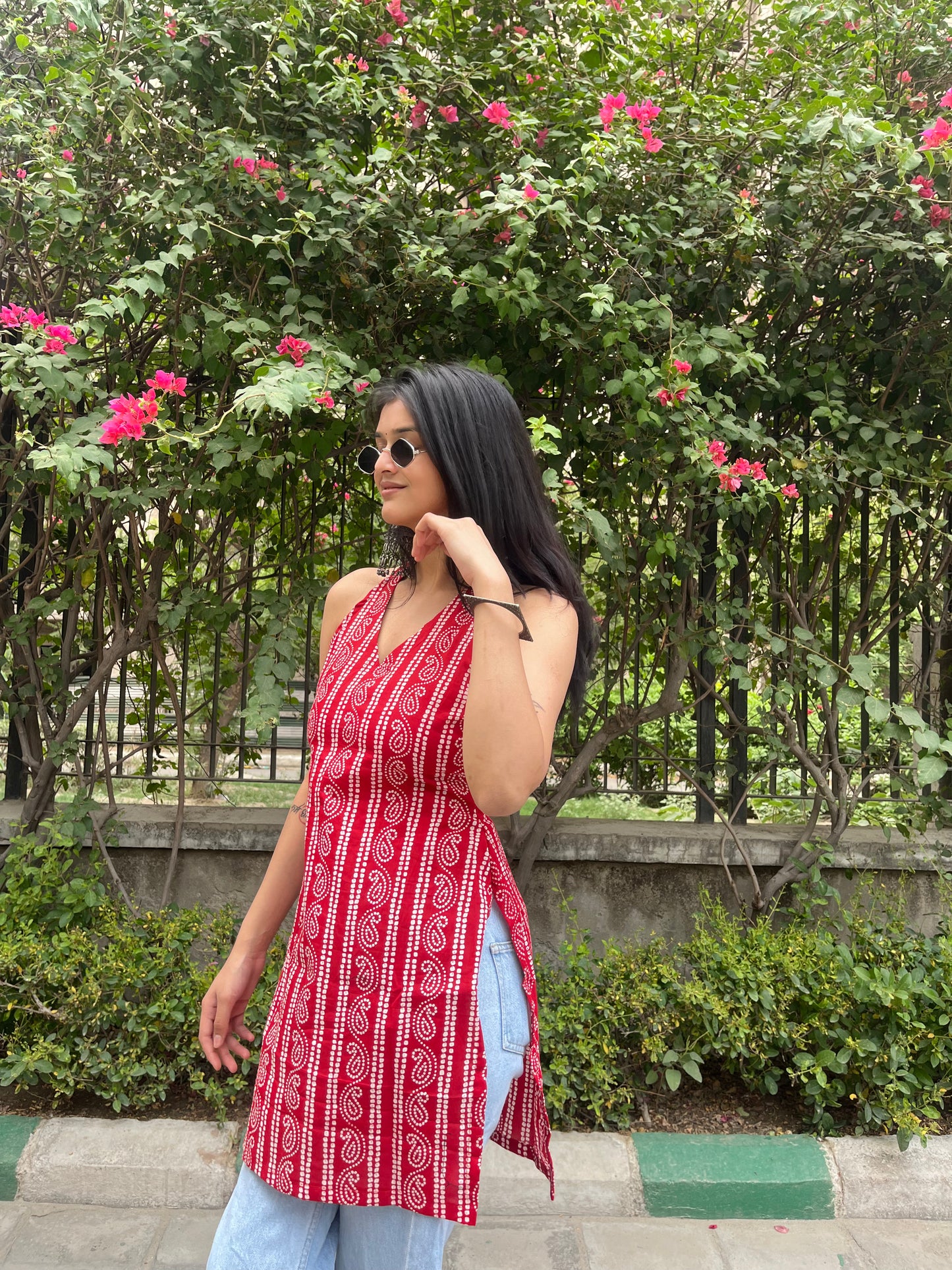 Red Kaya Halter Neck Backless Short Kurti