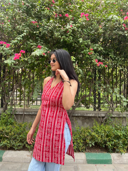 Red Kaya Halter Neck Backless Short Kurti