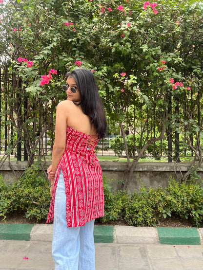 Red Kaya Halter Neck Backless Short Kurti