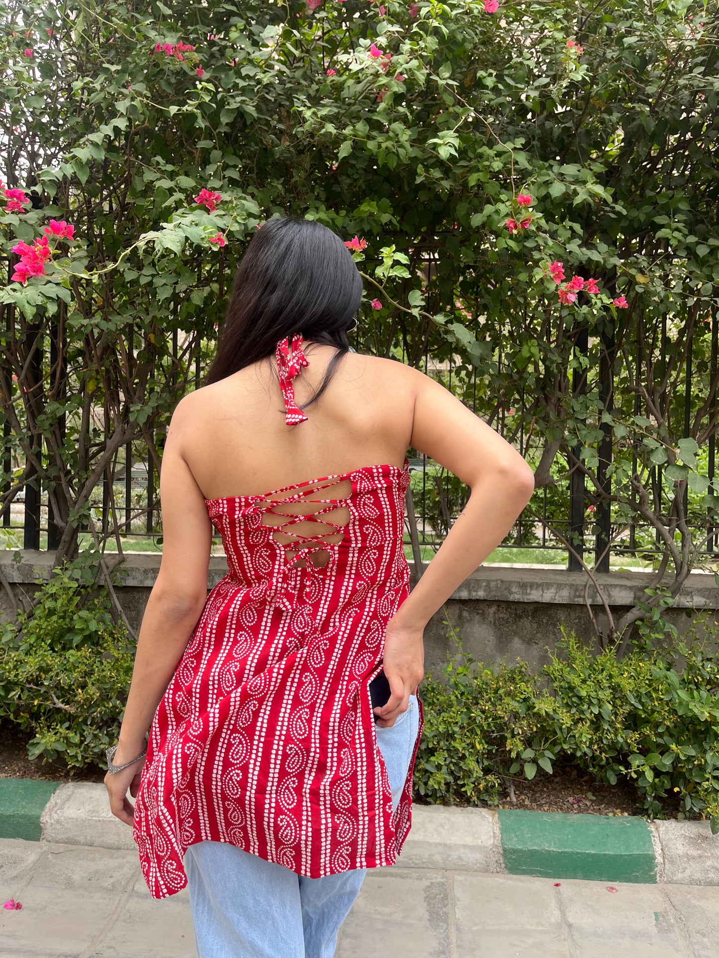 Red Kaya Halter Neck Backless Short Kurti