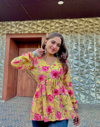 Yellow Flora Short Kurti
