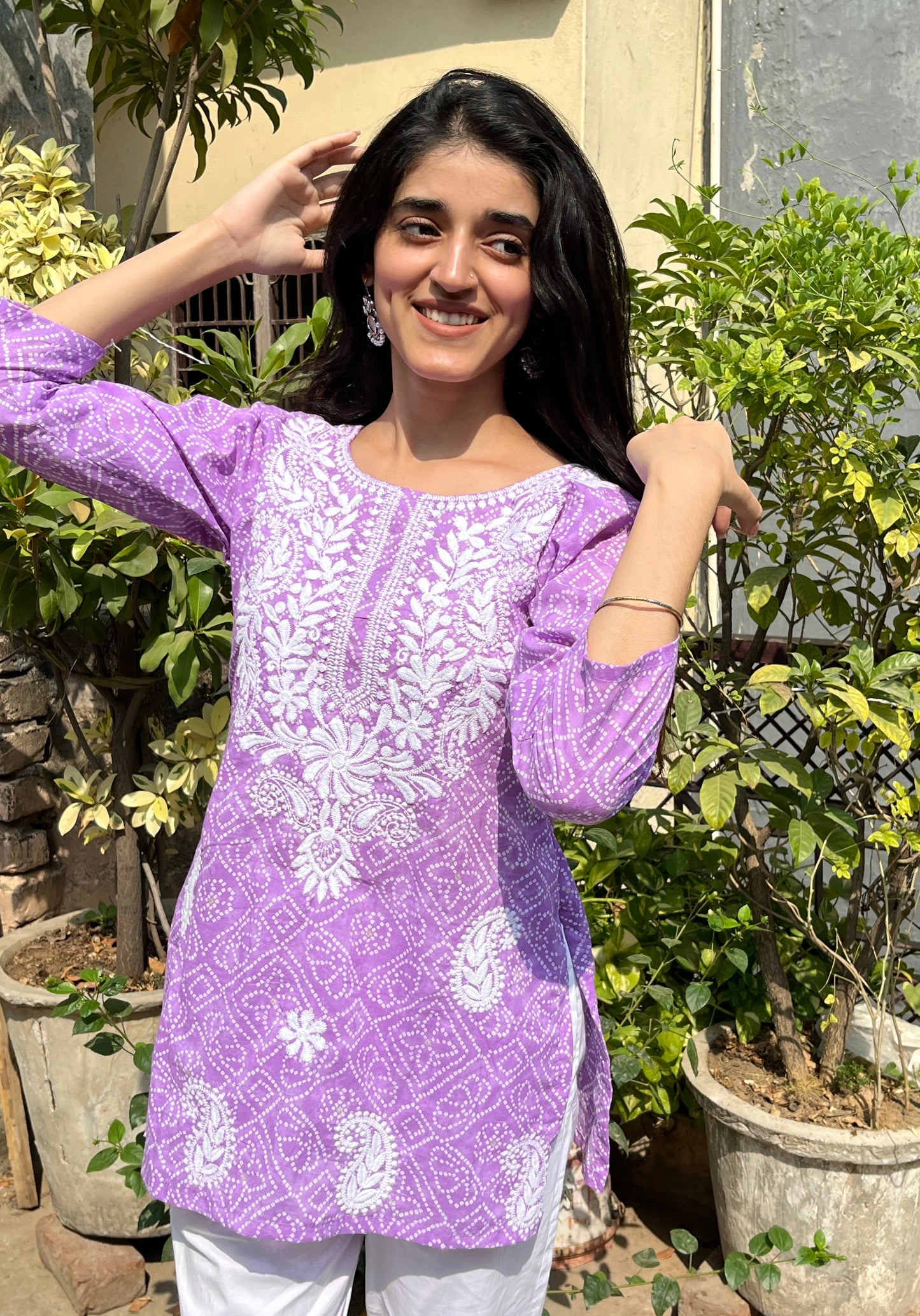 Purple Bhandej Chikankari Kurti