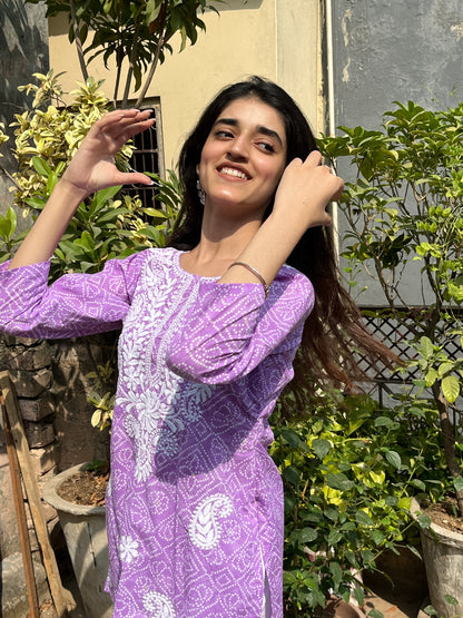 Purple Bhandej Chikankari Kurti