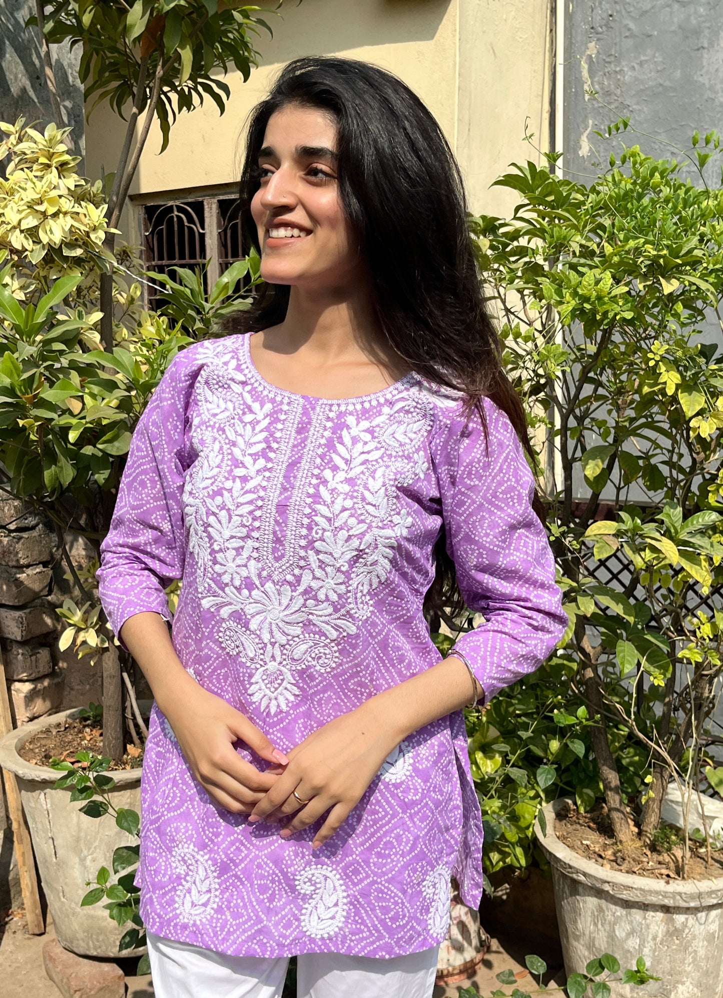 Purple Bhandej Chikankari Kurti