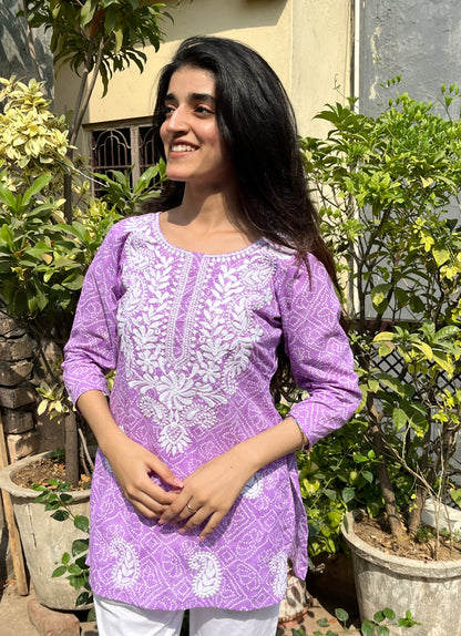 Purple Bhandej Chikankari Kurti