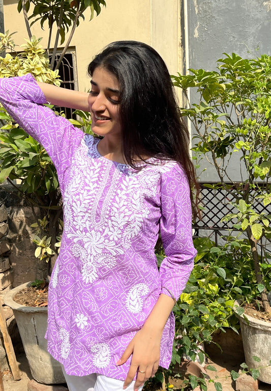 Purple Bhandej Chikankari Kurti