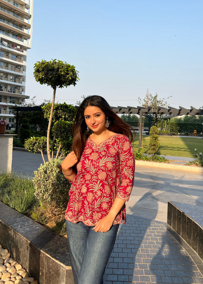 Maroon Leafy Short Kurti