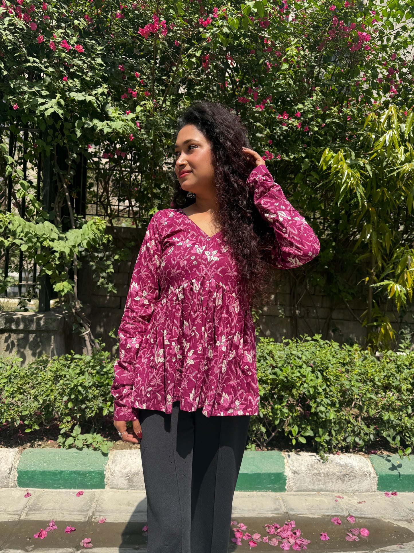 Wine Petal Peplum Short Kurti