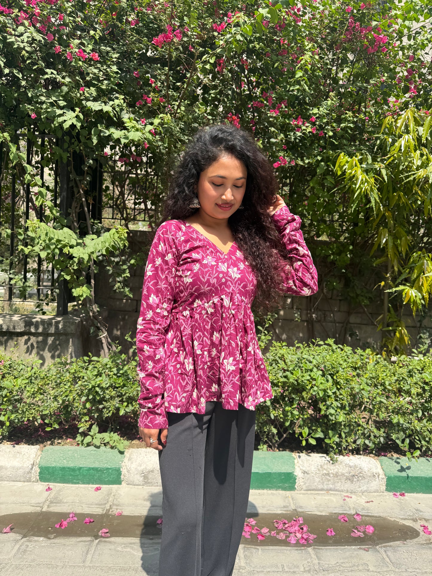 Wine Petal Peplum Short Kurti