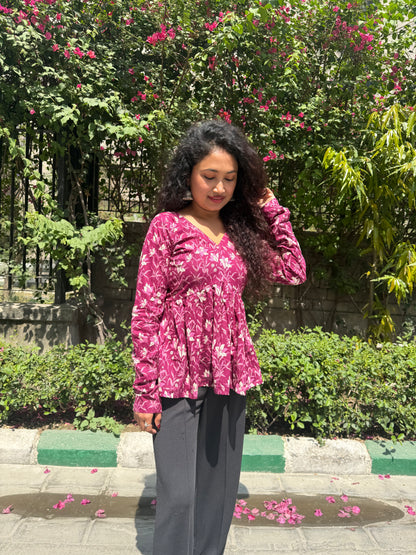 Wine Petal Peplum Short Kurti