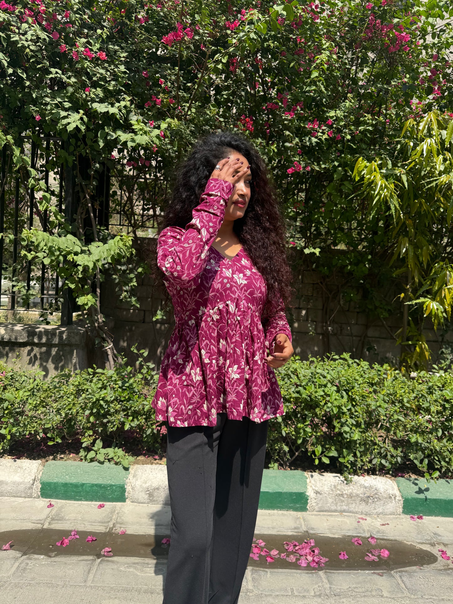 Wine Petal Peplum Short Kurti