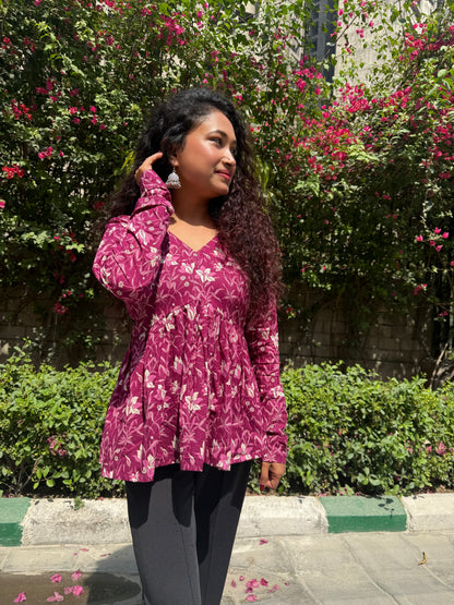 Wine Petal Peplum Short Kurti
